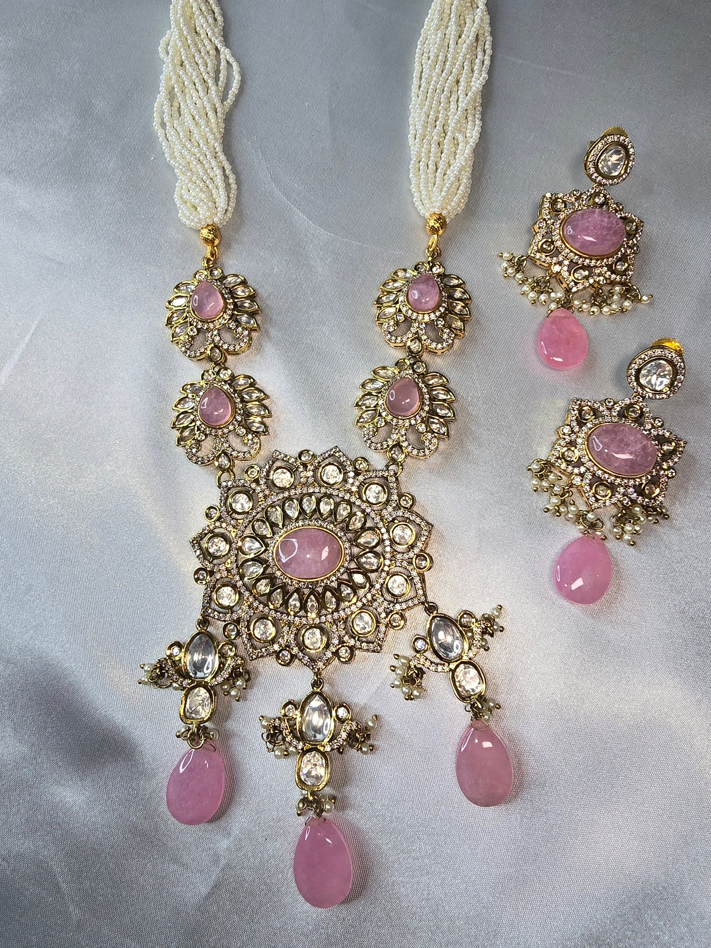 Moissanite Mala Pure Brass Necklace & Earrings, Victorian Polish.