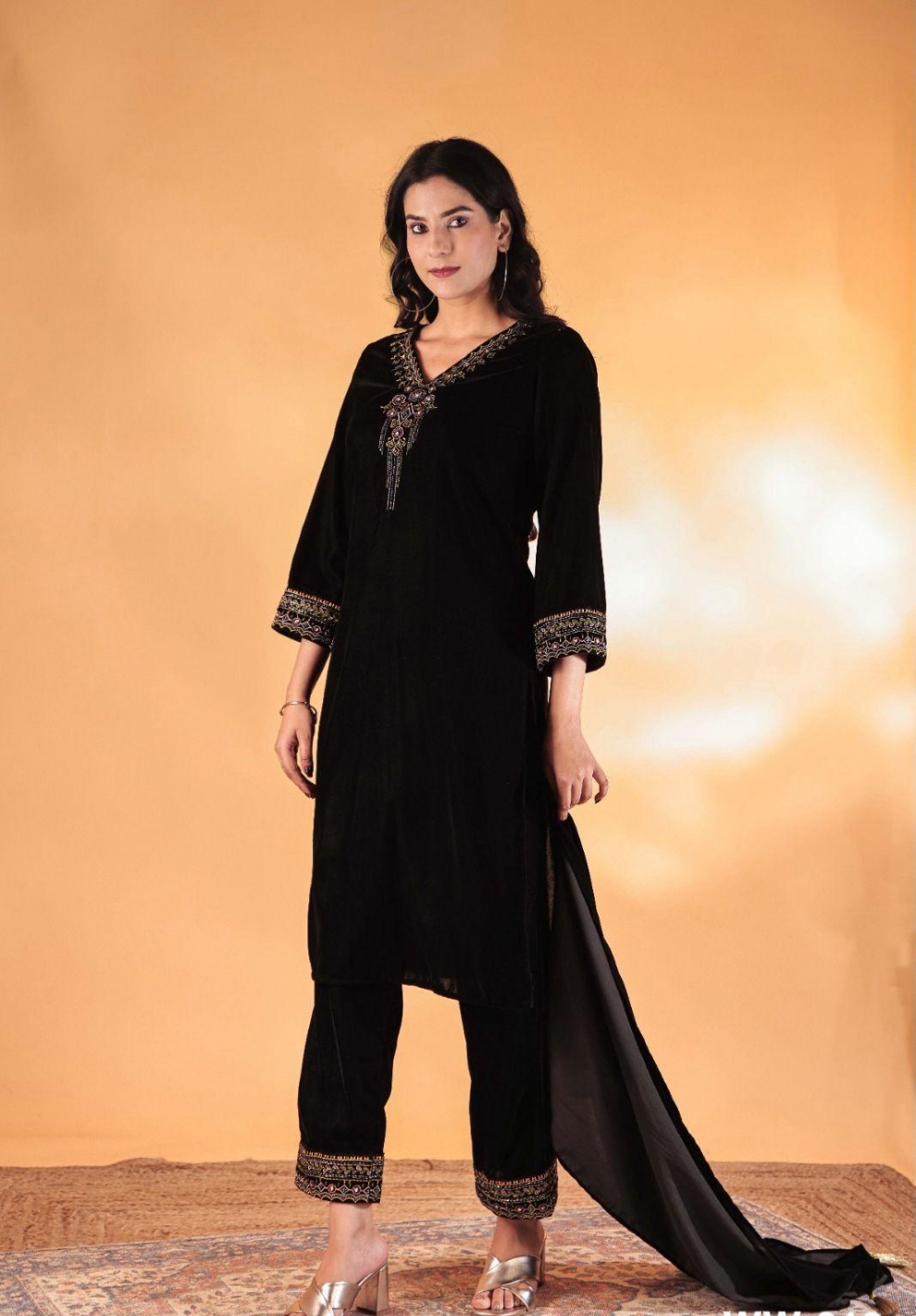 Black Velvet Cord Set & Stole Dupatta Hand work detail