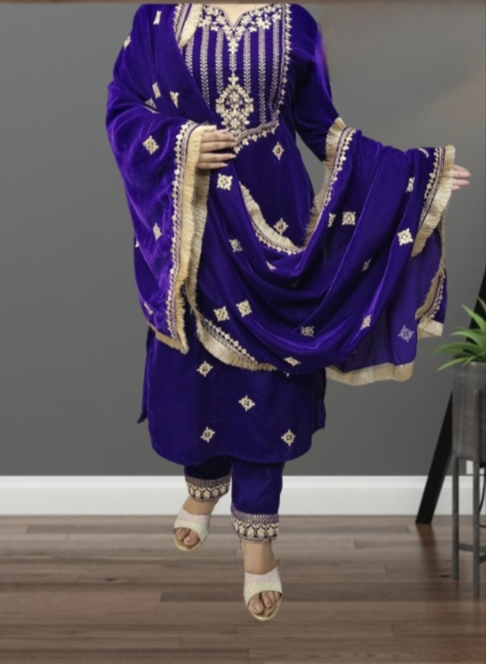 Velvet Kameez Salwar & Duppatta. Neelam.