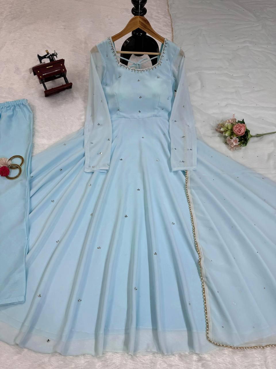 Baby Blue Anarkali Gown, Bottoms & Duppatta. Pari π