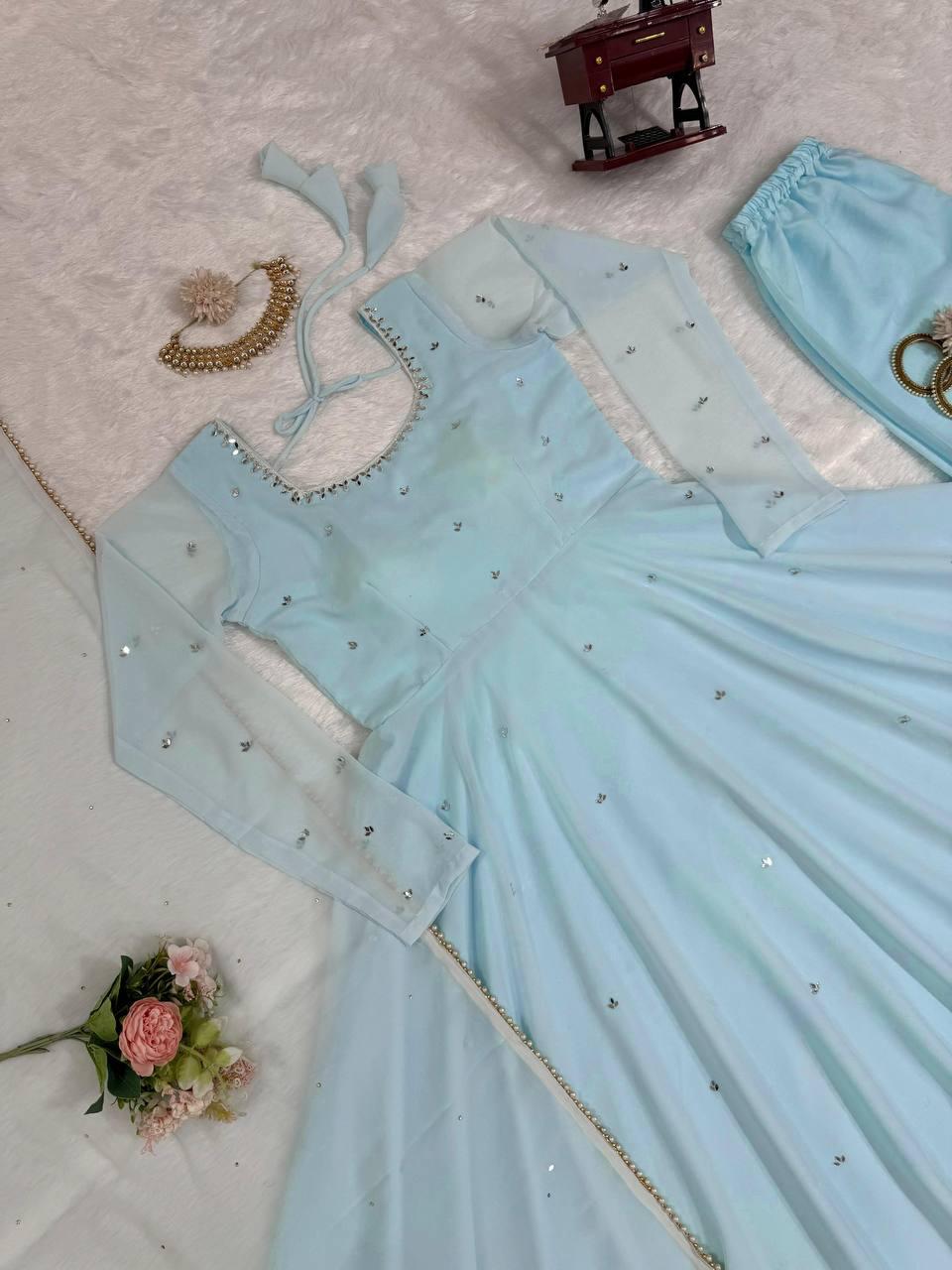 Baby Blue Anarkali Gown, Bottoms & Duppatta. Pari π