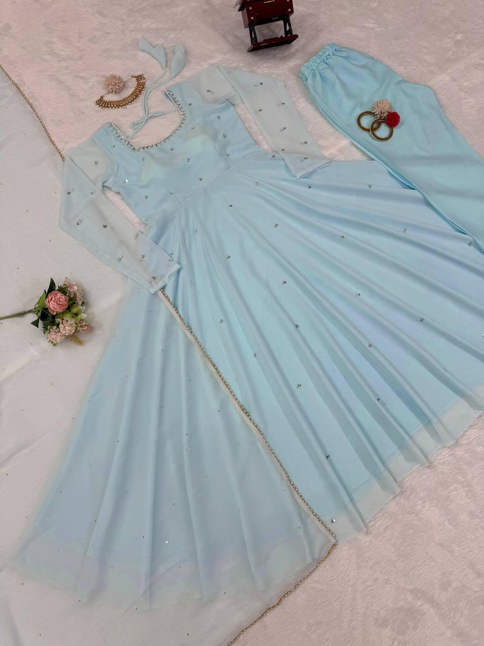Baby Blue Anarkali Gown, Bottoms & Duppatta. Pari π
