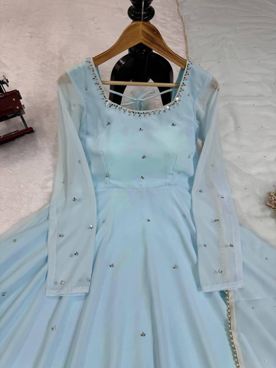 Baby Blue Anarkali Gown, Bottoms & Duppatta. Pari π