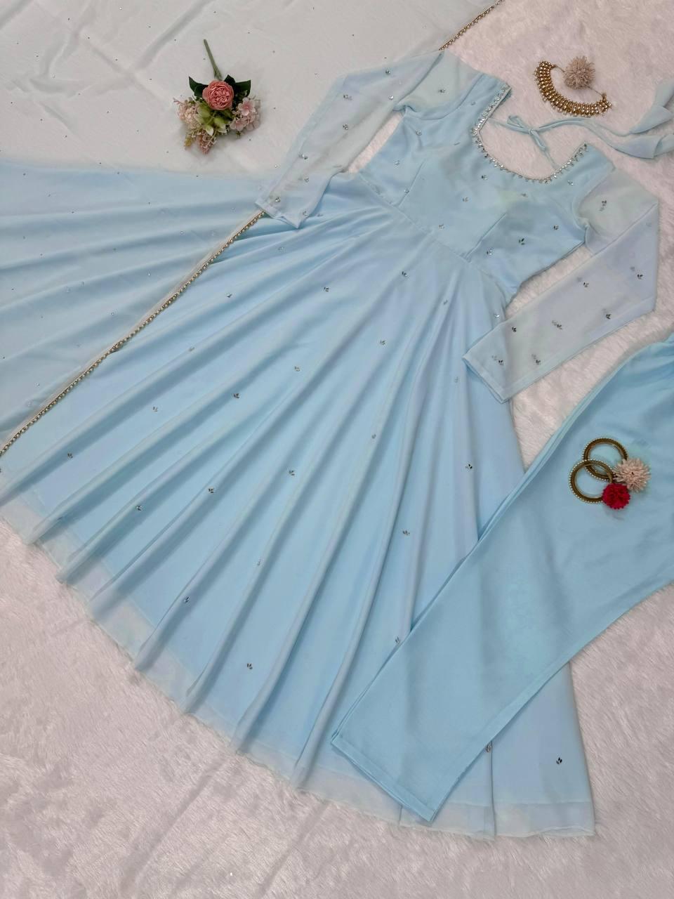 Baby Blue Anarkali Gown, Bottoms & Duppatta. Pari π