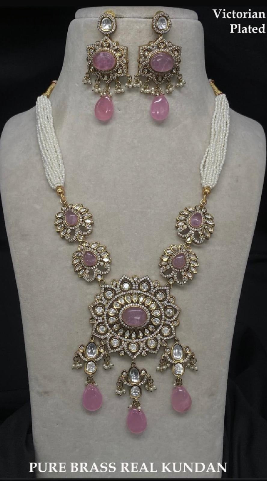 Moissanite Mala Pure Brass Necklace & Earrings, Victorian Polish.