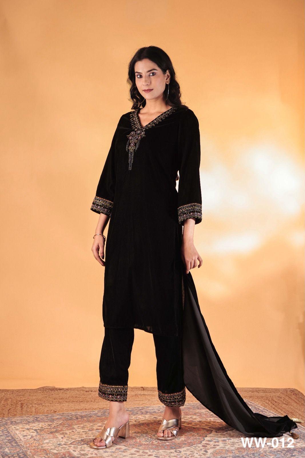 Black Velvet Cord Set & Stole Dupatta Hand work detail