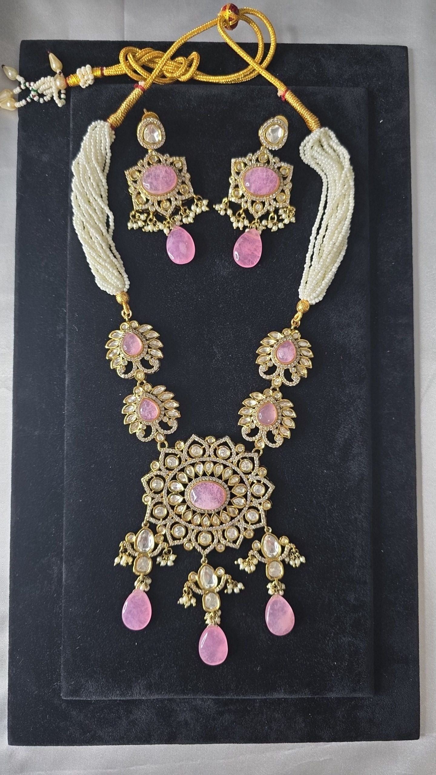 Moissanite Mala Pure Brass Necklace & Earrings, Victorian Polish.