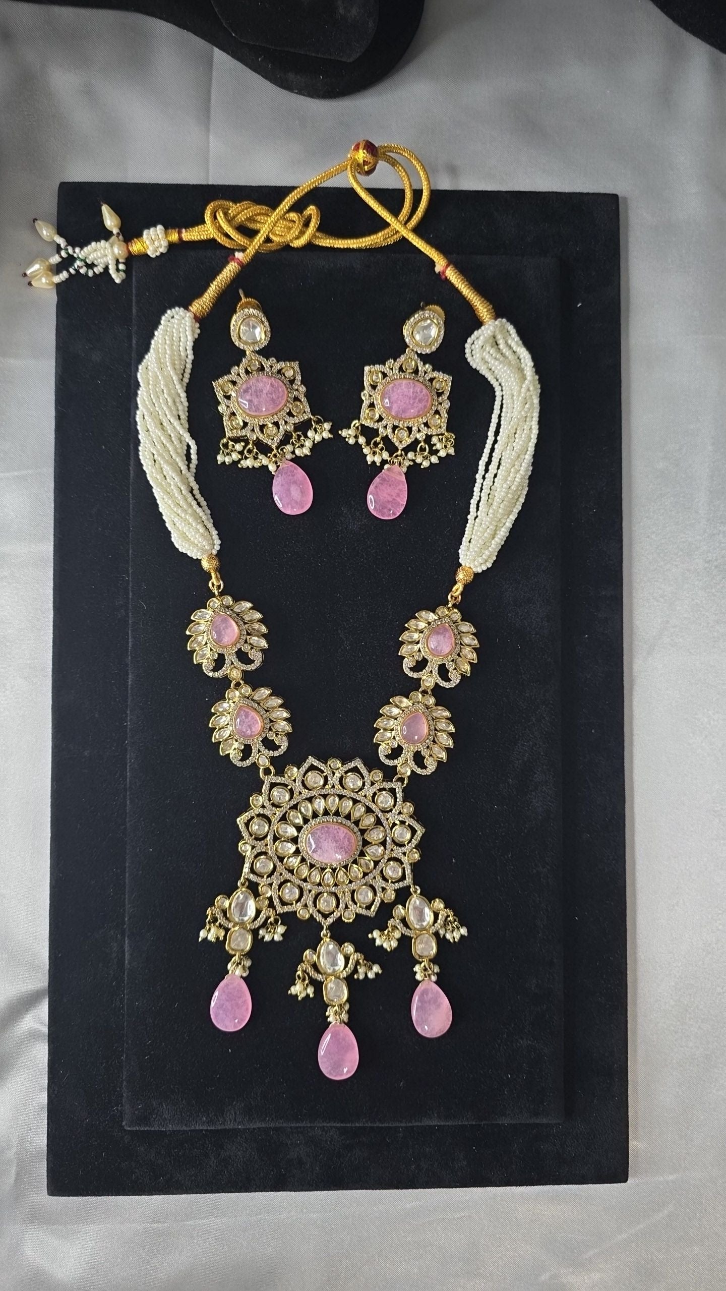 Moissanite Mala Pure Brass Necklace & Earrings, Victorian Polish.