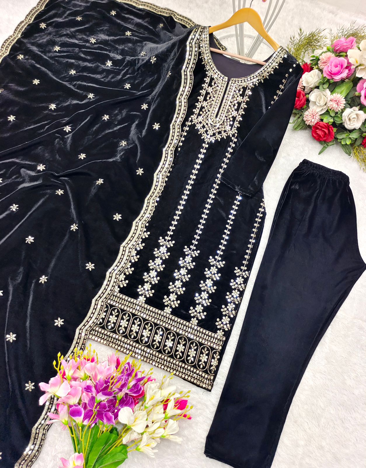 Velvet Kameez Bottoms Duppatta Party Wear Ready Made Suit