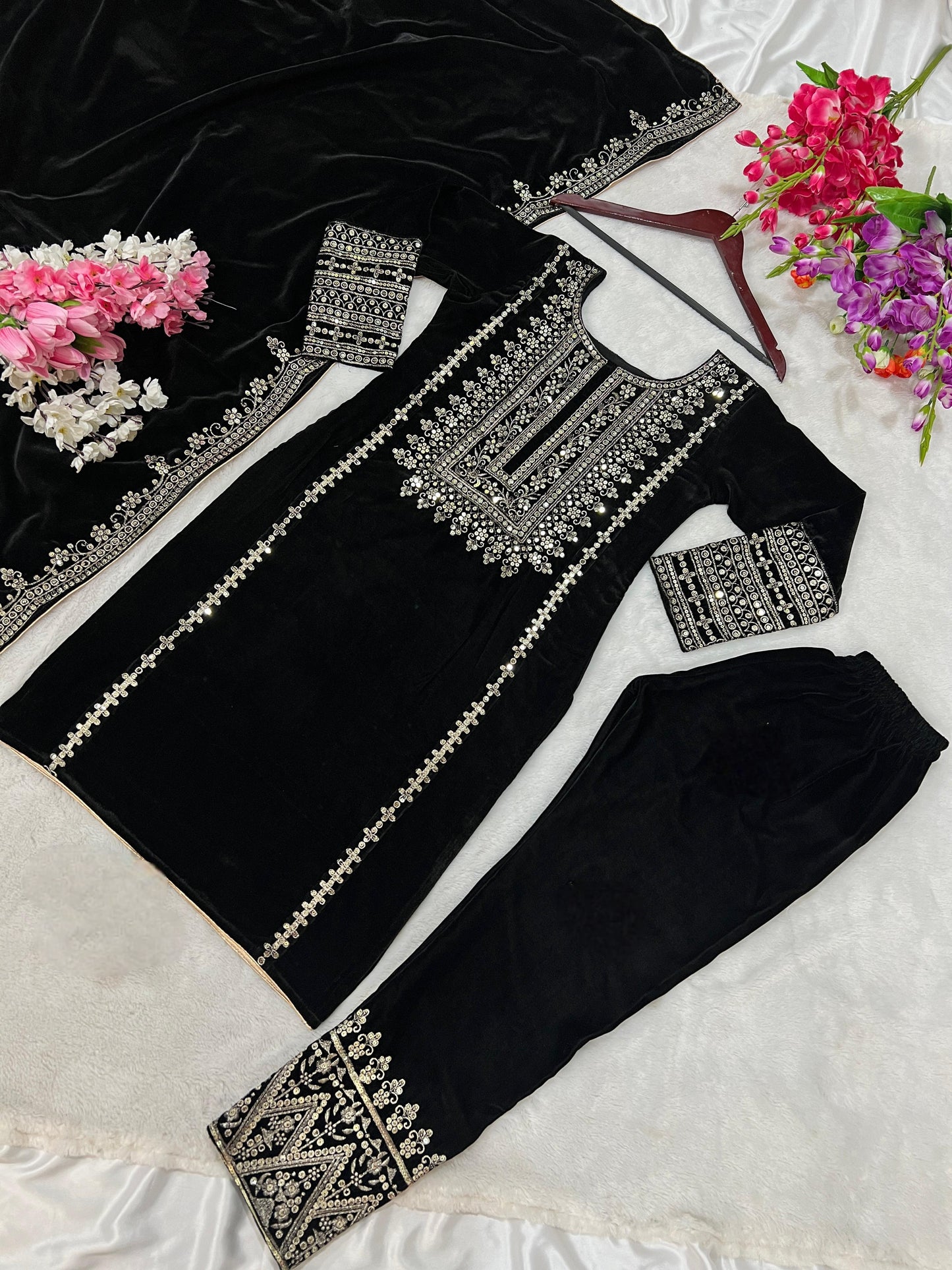 Kameez Bottoms Duppatta Ready Made Velvet Suit. Party Wear