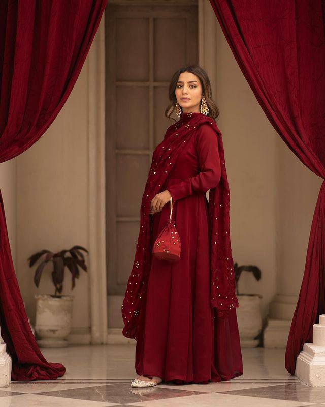 Deep Red Anarkali Duppatta & Potli Bag. Zeenaa