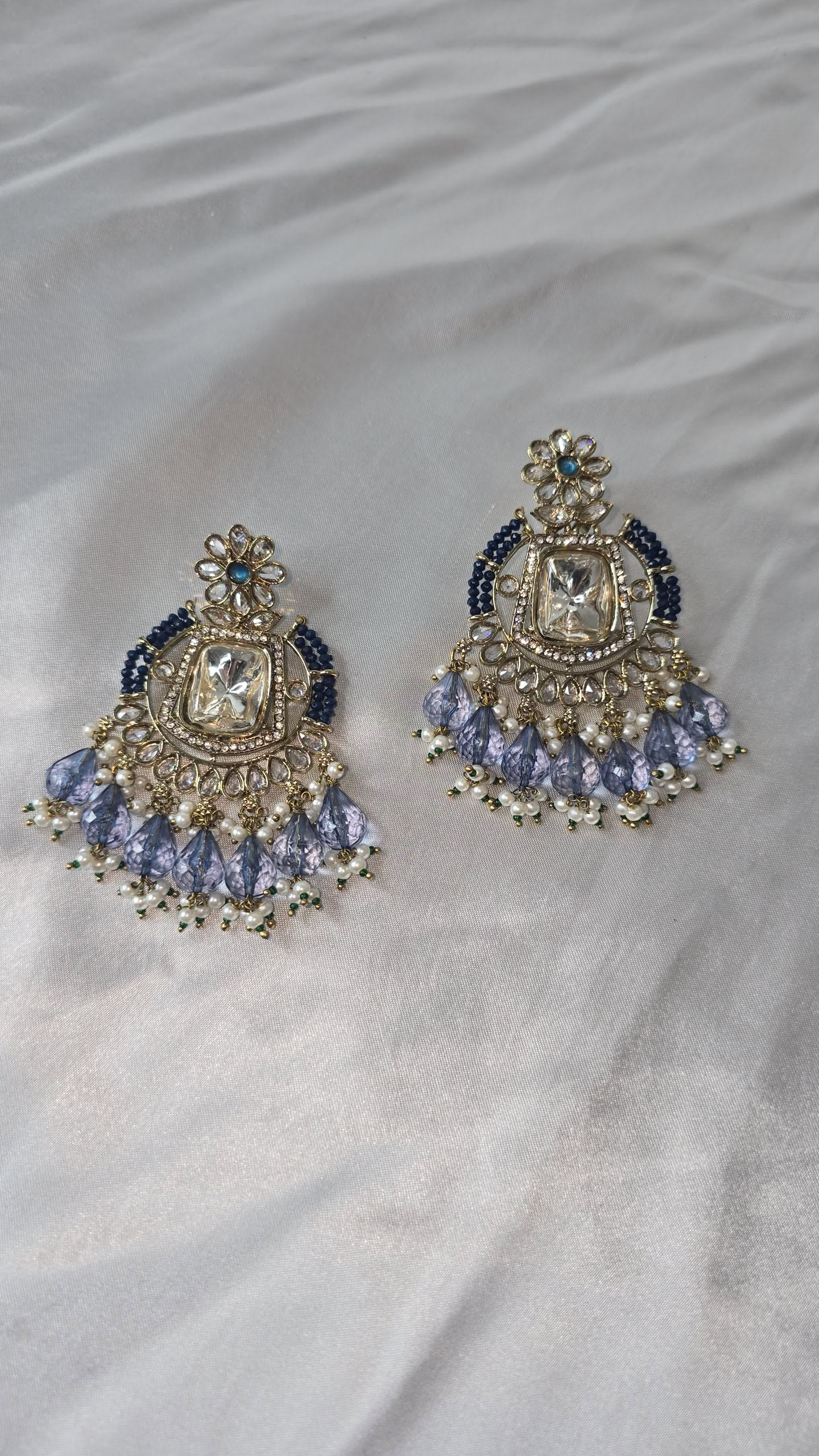 Earrings Mehndi Gold with a combination of reverse AD & front facing AD. Kundan jewellery.