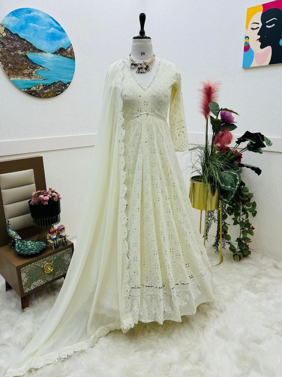 Ivory Anarkali dress & Duppatta. Naz