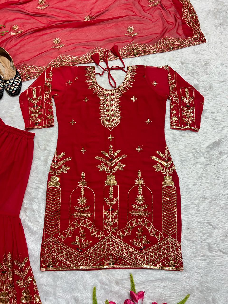 Sharara Palazzo, Kurta & Duppatta. Ruby