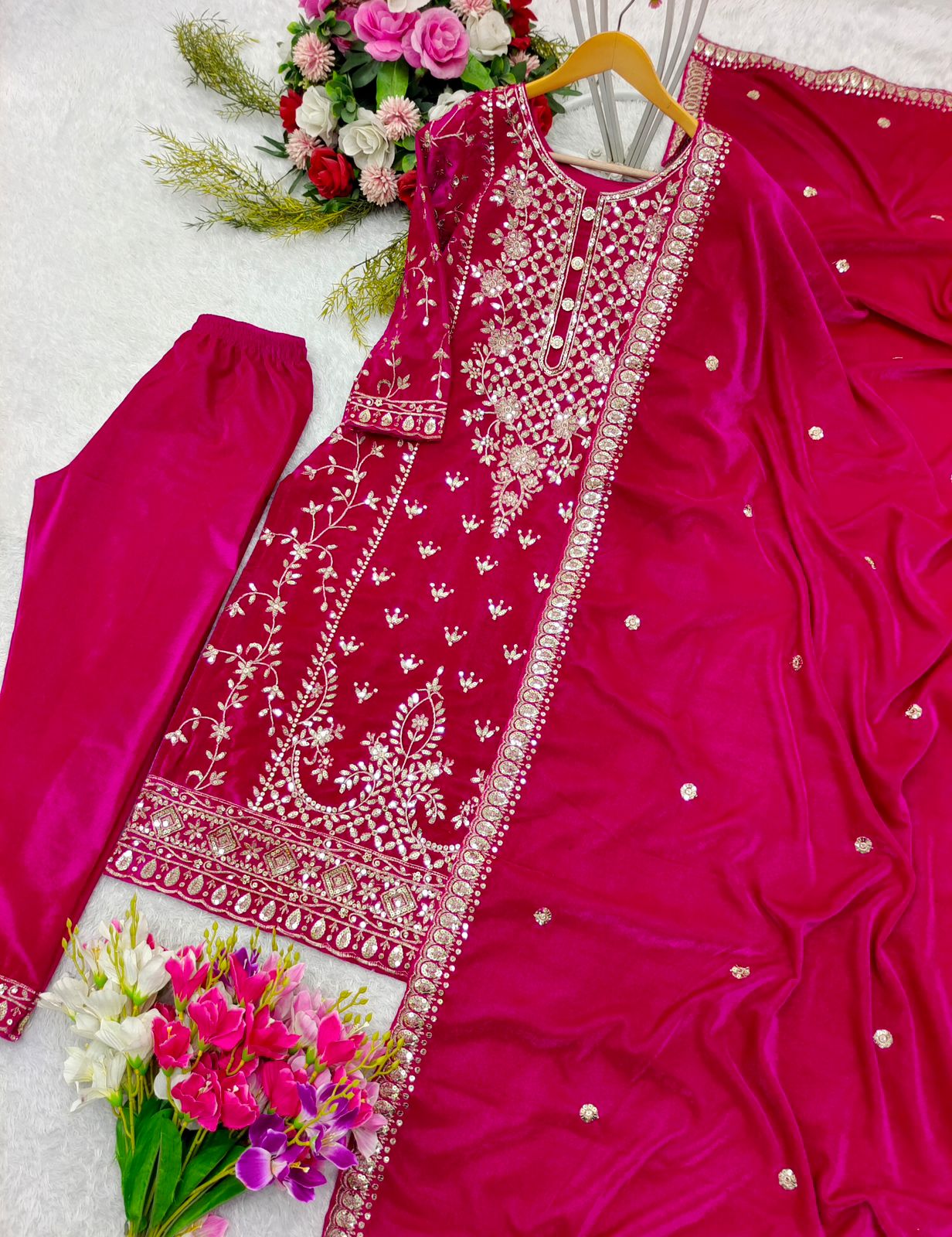 Velvet Kameez Bottoms & Duppatta ready made