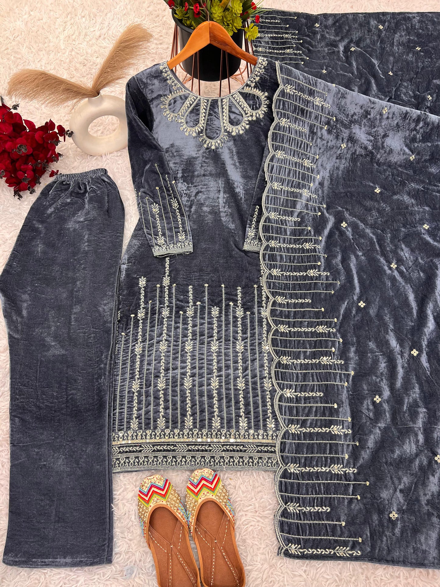 Velvet Kameez Bottoms & Duppatta fully stitched.