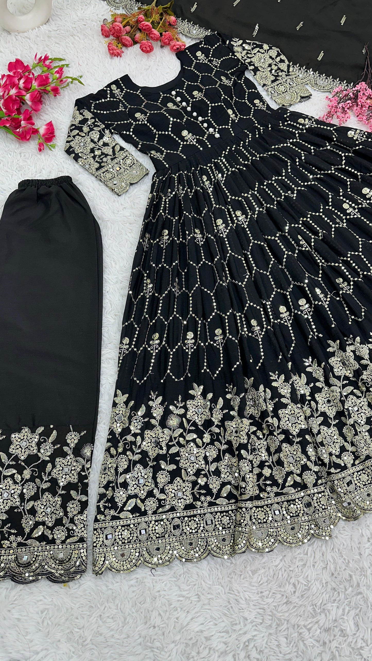 Black Anarkali dress, Palazzo & Duppatta. Leena