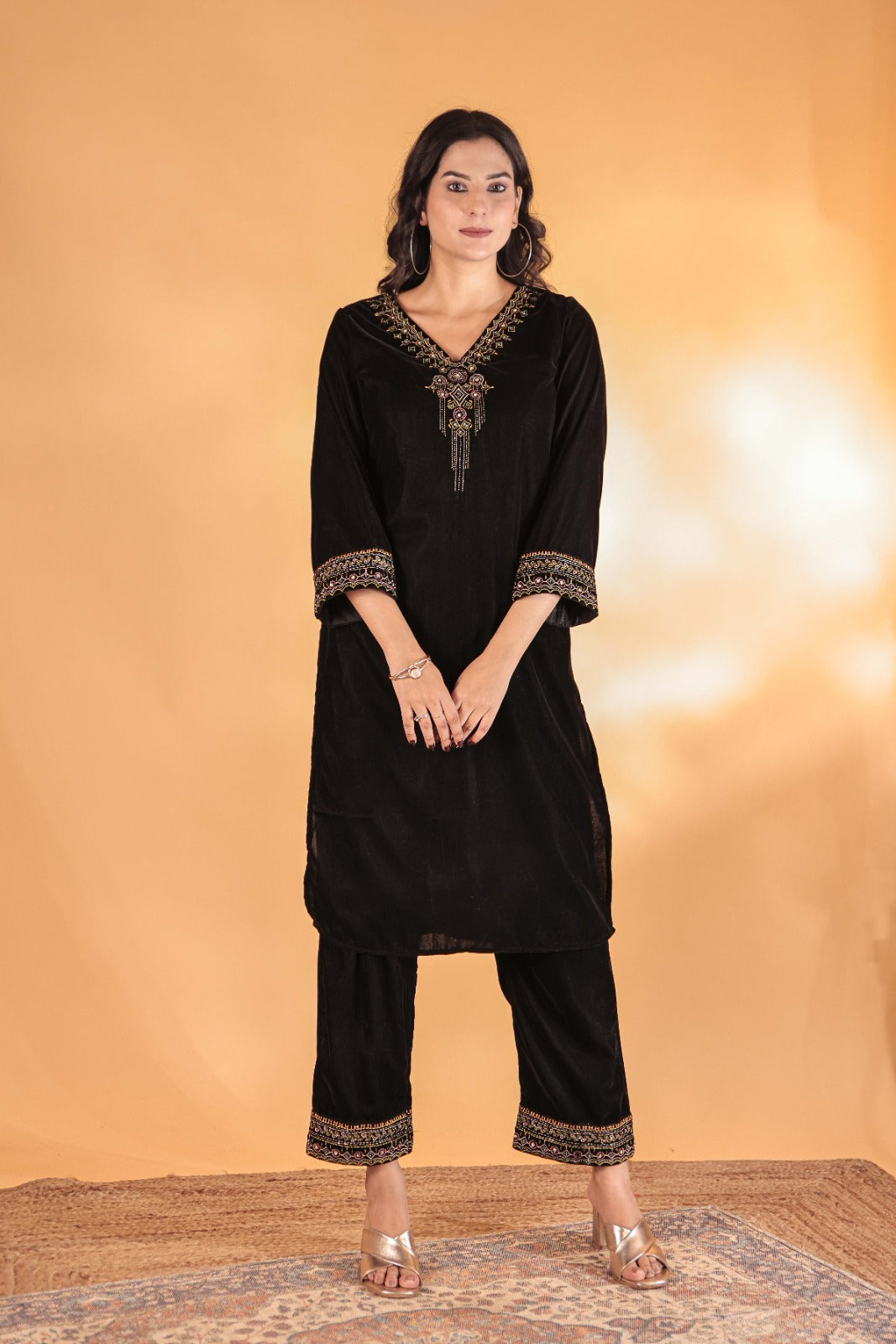 Black Velvet Cord Set & Stole Dupatta Hand work detail