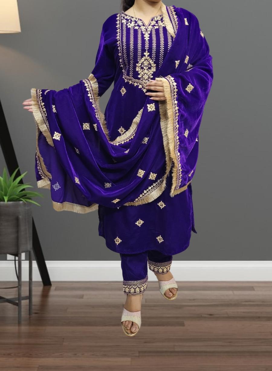 Velvet Kameez Salwar & Duppatta. Neelam.
