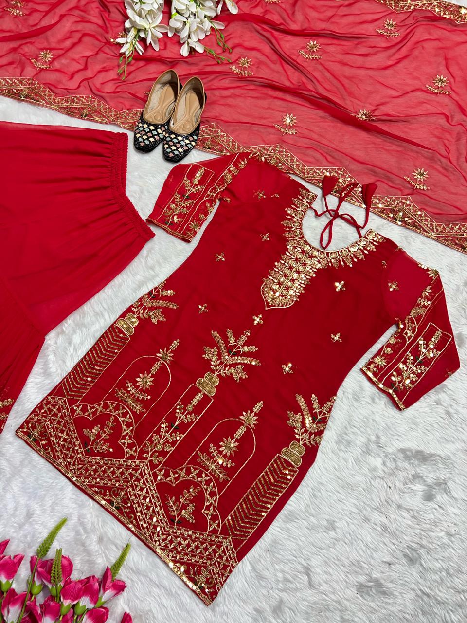 Sharara Palazzo, Kurta & Duppatta. Ruby