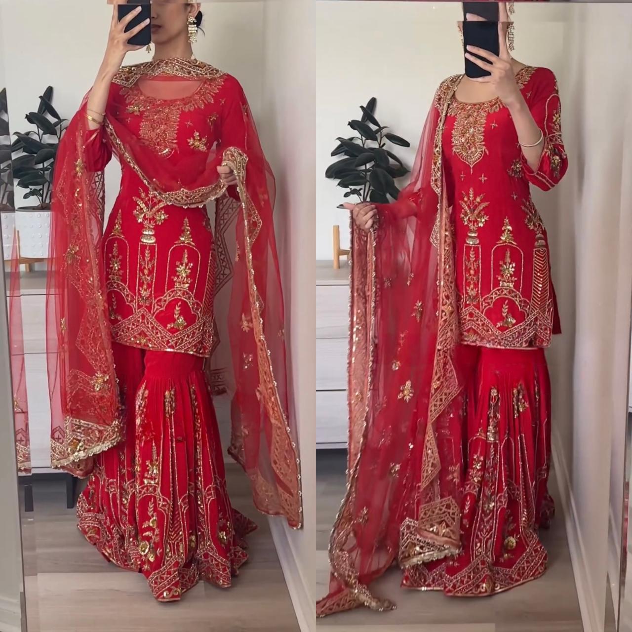 Sharara Palazzo, Kurta & Duppatta. Ruby