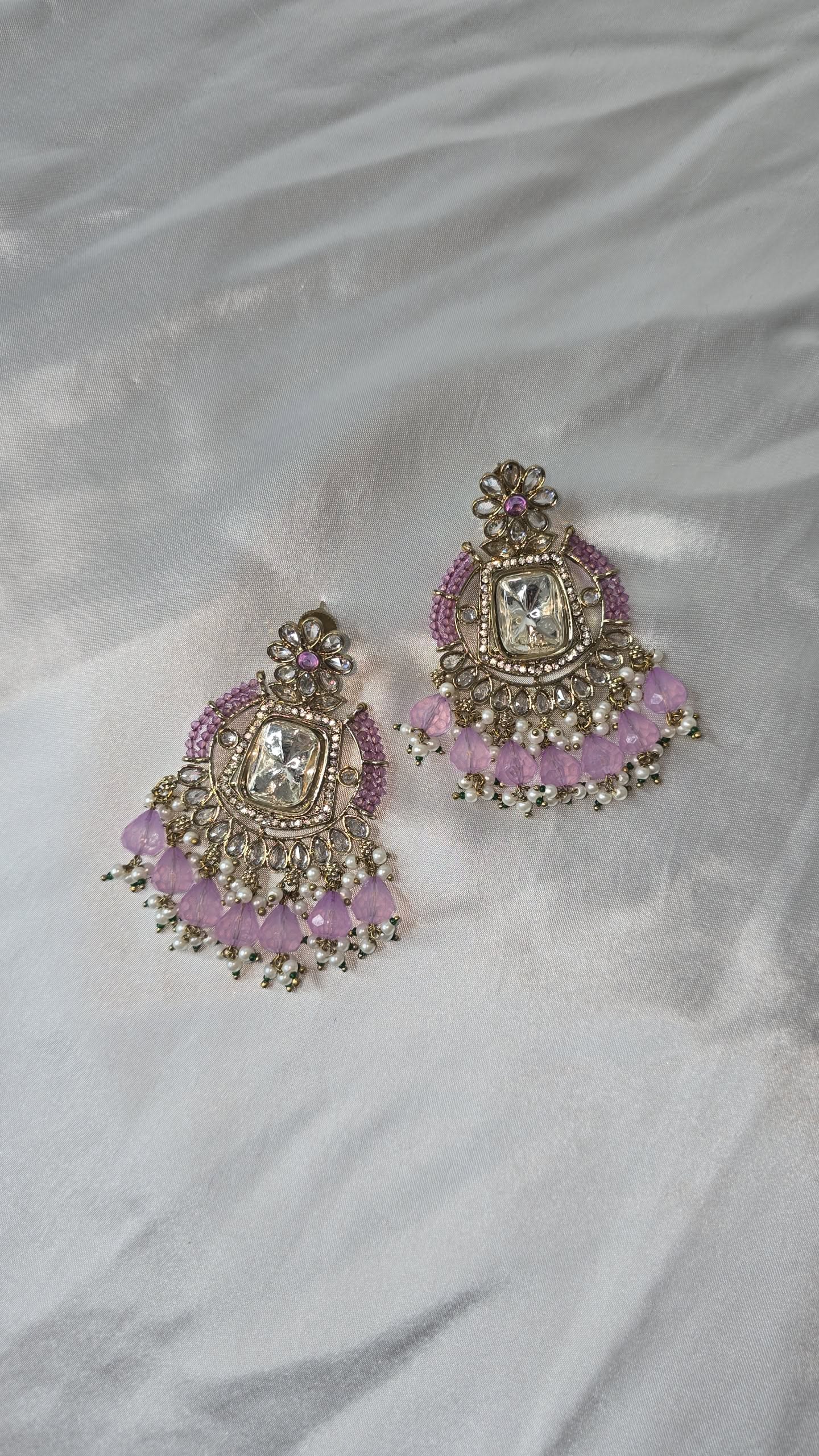 Earrings Mehndi Gold with a combination of reverse AD & front facing AD. Kundan jewellery.