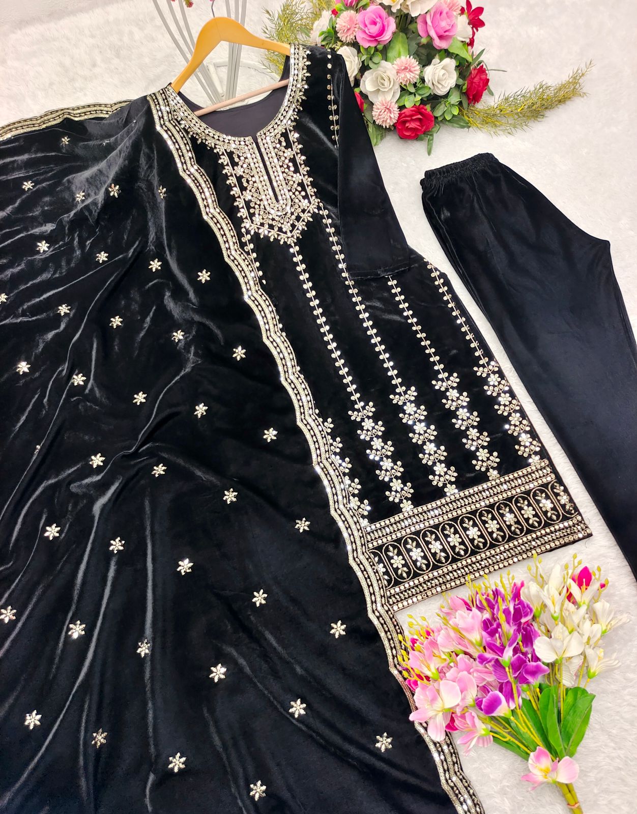 Velvet Kameez Bottoms Duppatta Party Wear Ready Made Suit