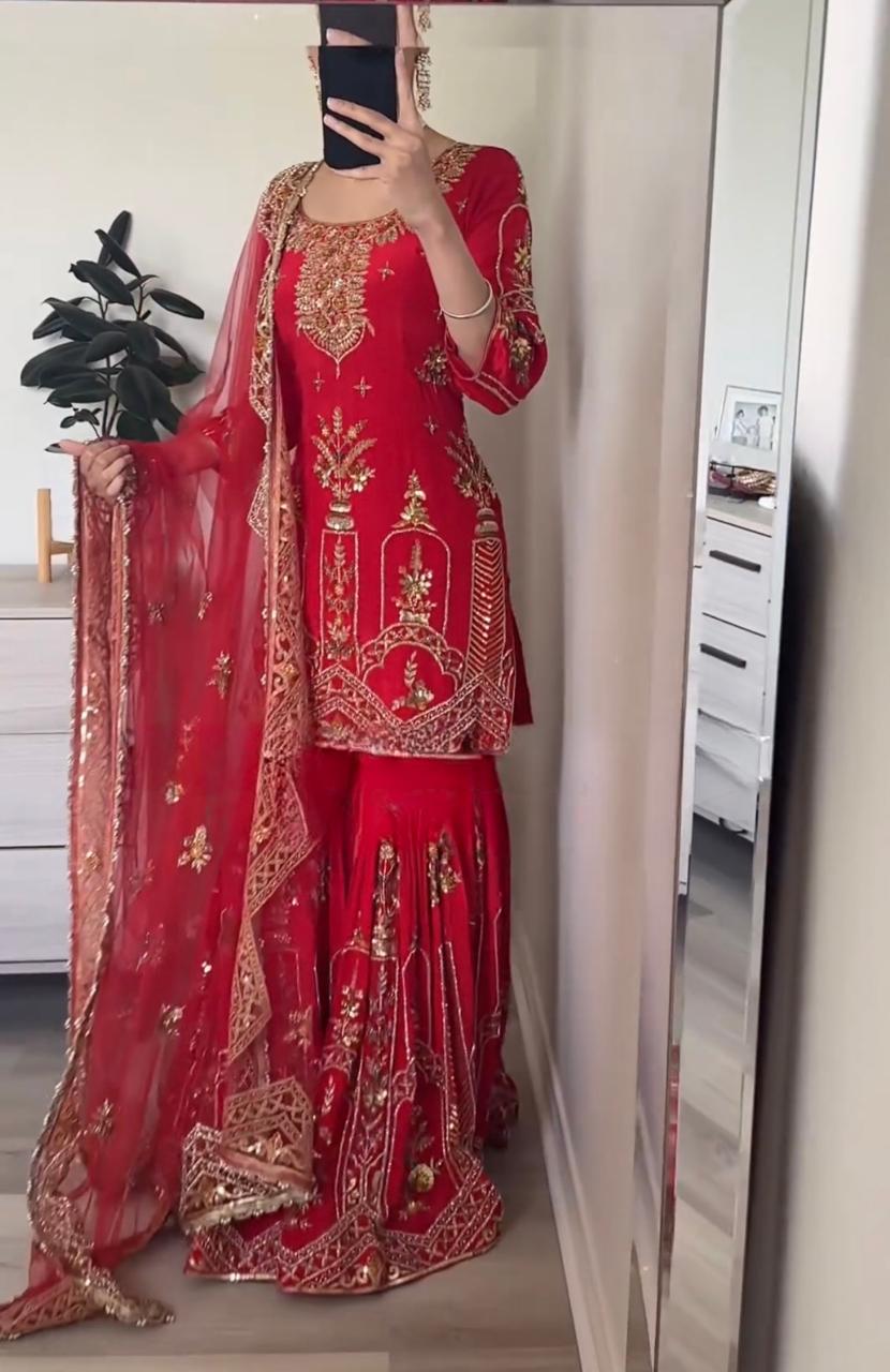 Sharara Palazzo, Kurta & Duppatta. Ruby