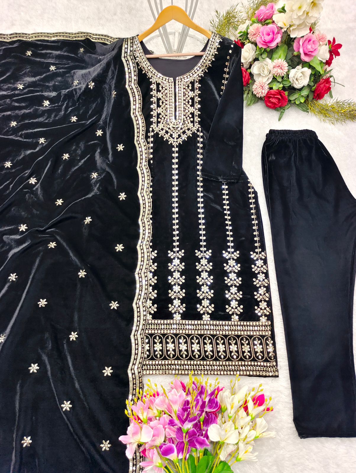 Velvet Kameez Bottoms Duppatta Party Wear Ready Made Suit