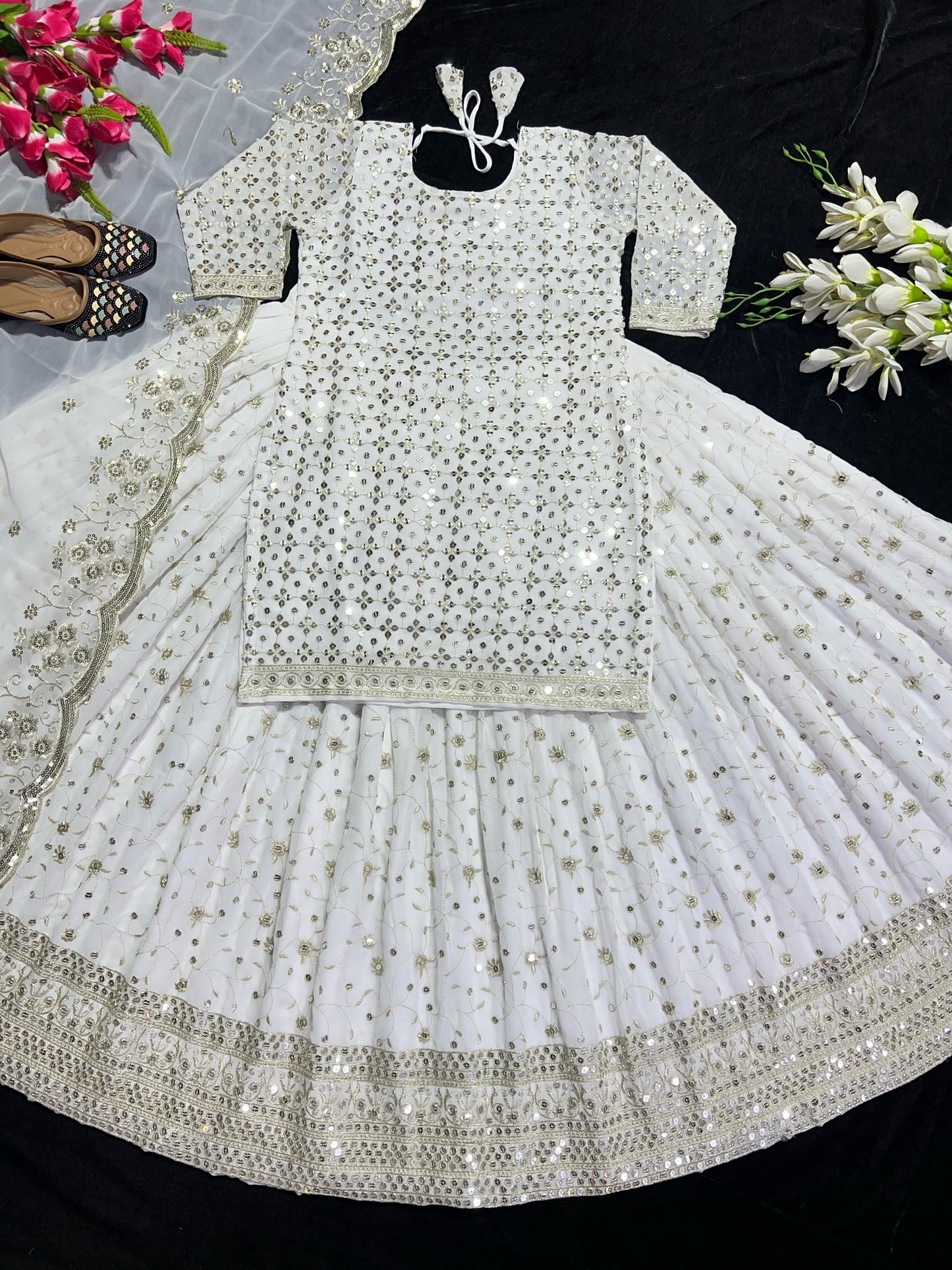 Lehenga, Kurti & Duppatta. White Reem