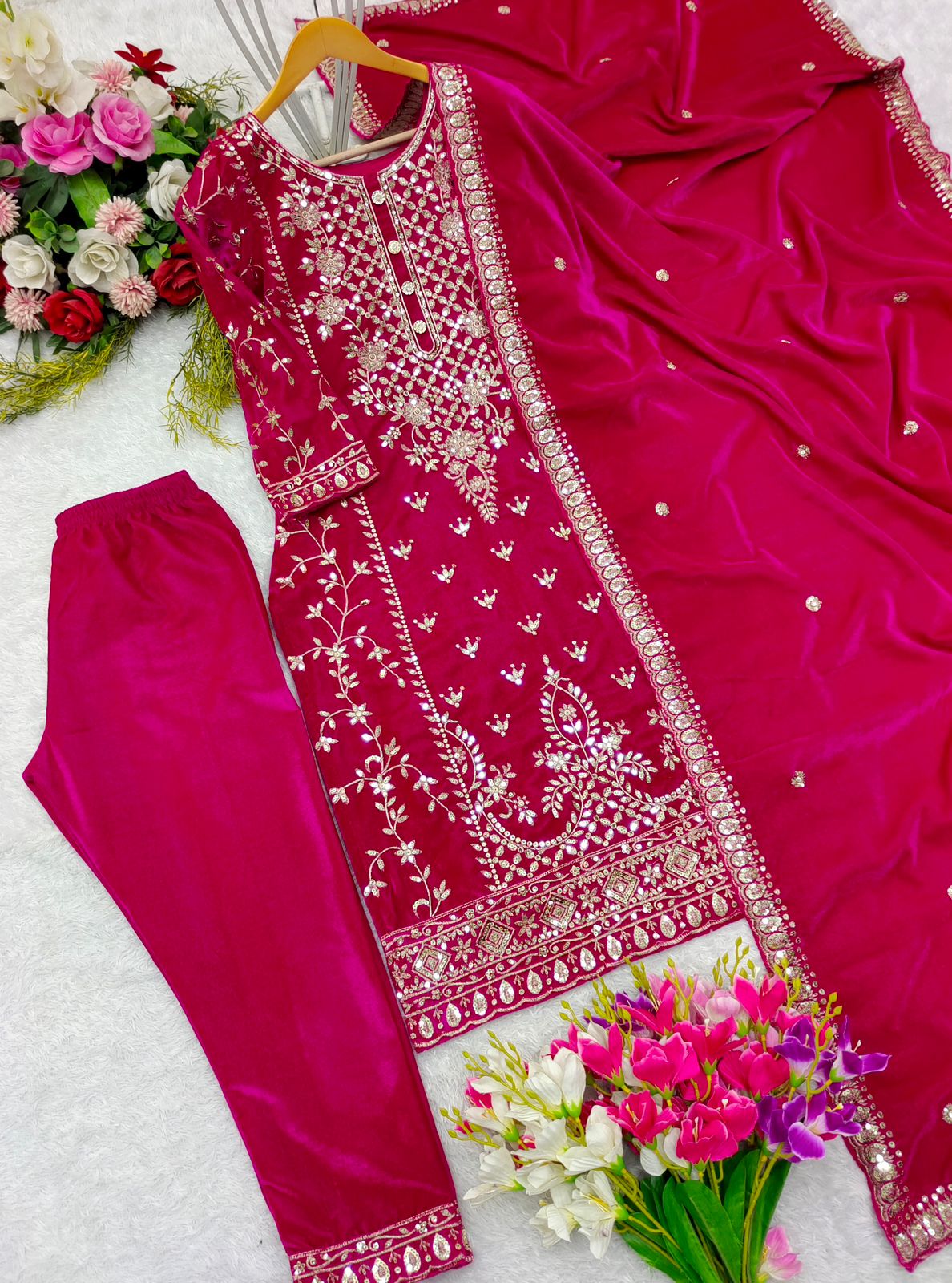 Velvet Kameez Bottoms & Duppatta ready made