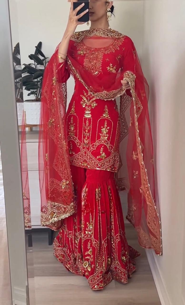 Sharara Palazzo, Kurta & Duppatta. Ruby