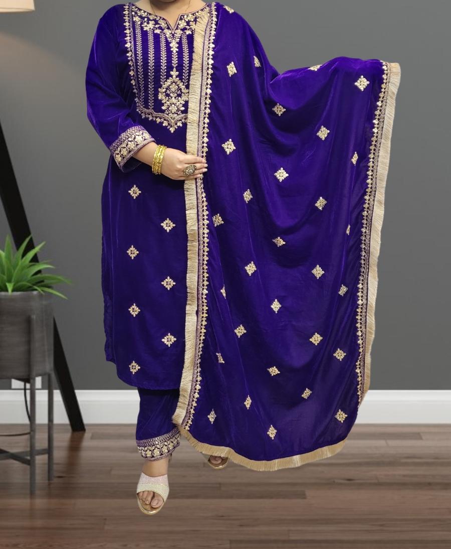 Velvet Kameez Salwar & Duppatta. Neelam.