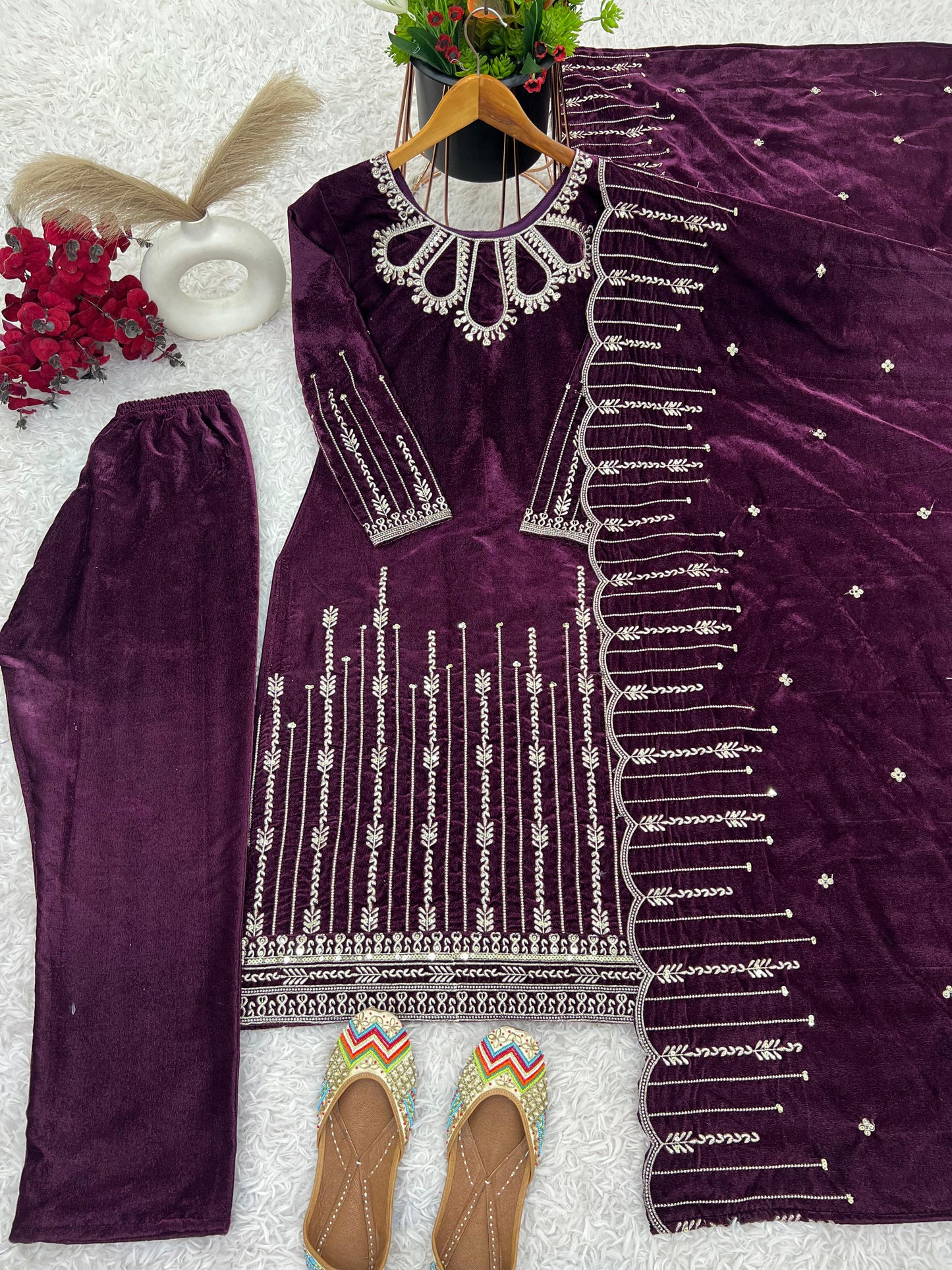 Velvet Kameez Bottoms & Duppatta fully stitched.