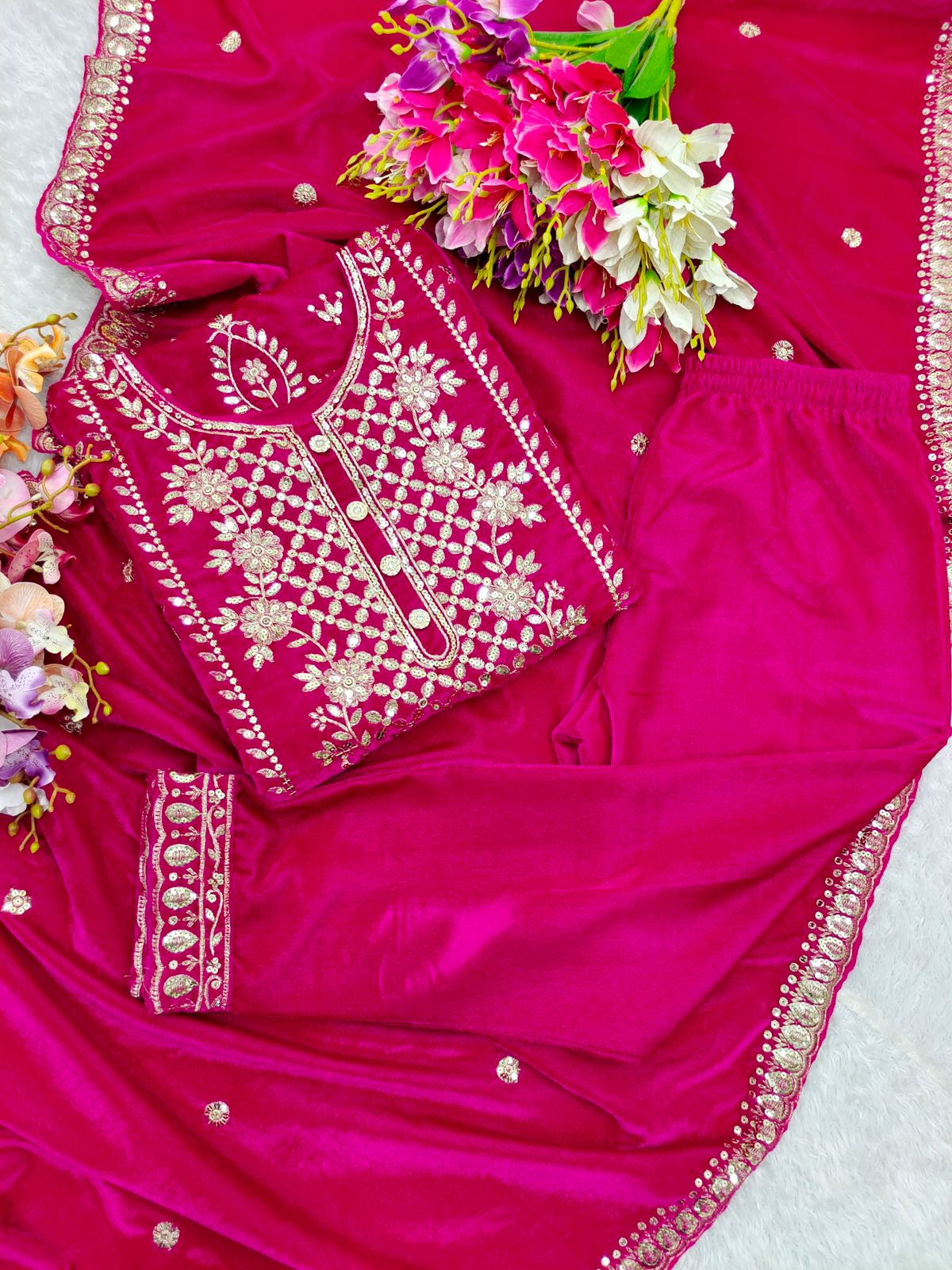 Velvet Kameez Bottoms & Duppatta ready made