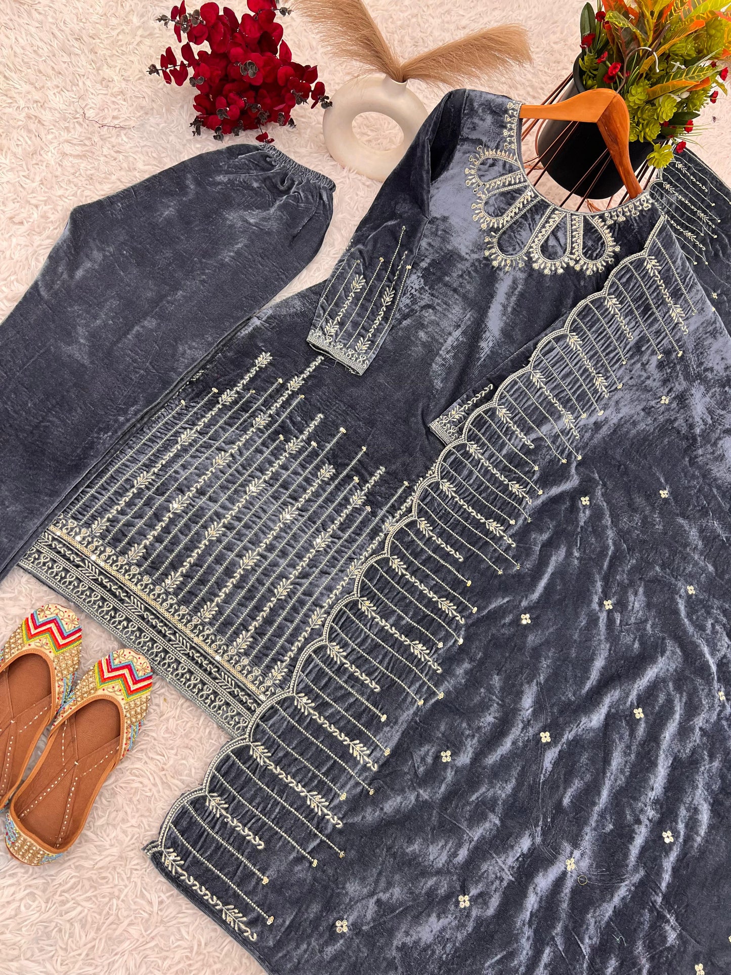 Velvet Kameez Bottoms & Duppatta fully stitched.