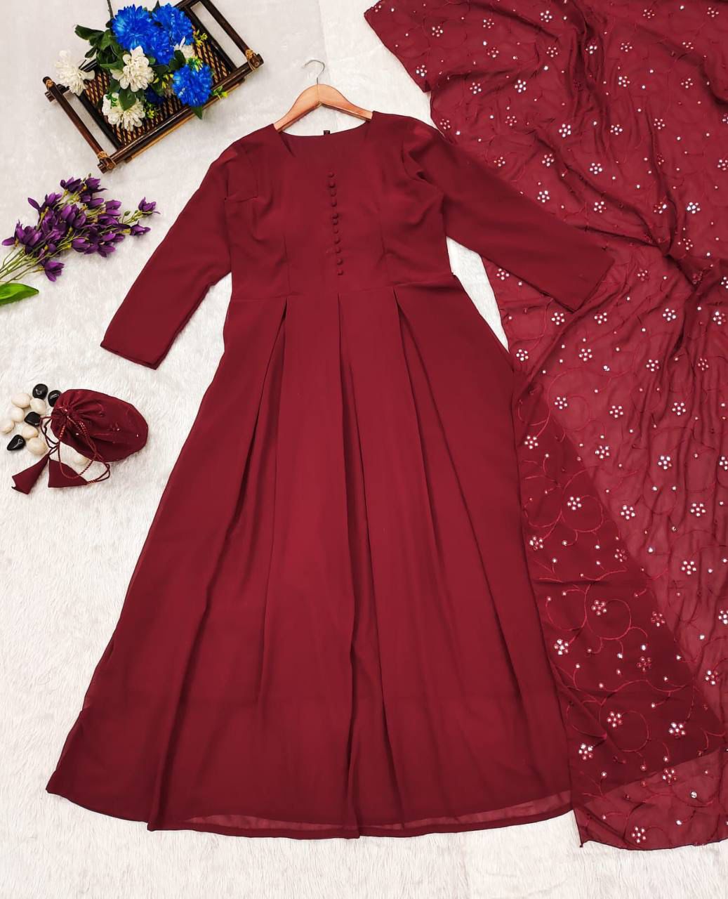 Deep Red Anarkali Duppatta & Potli Bag. Zeenaa