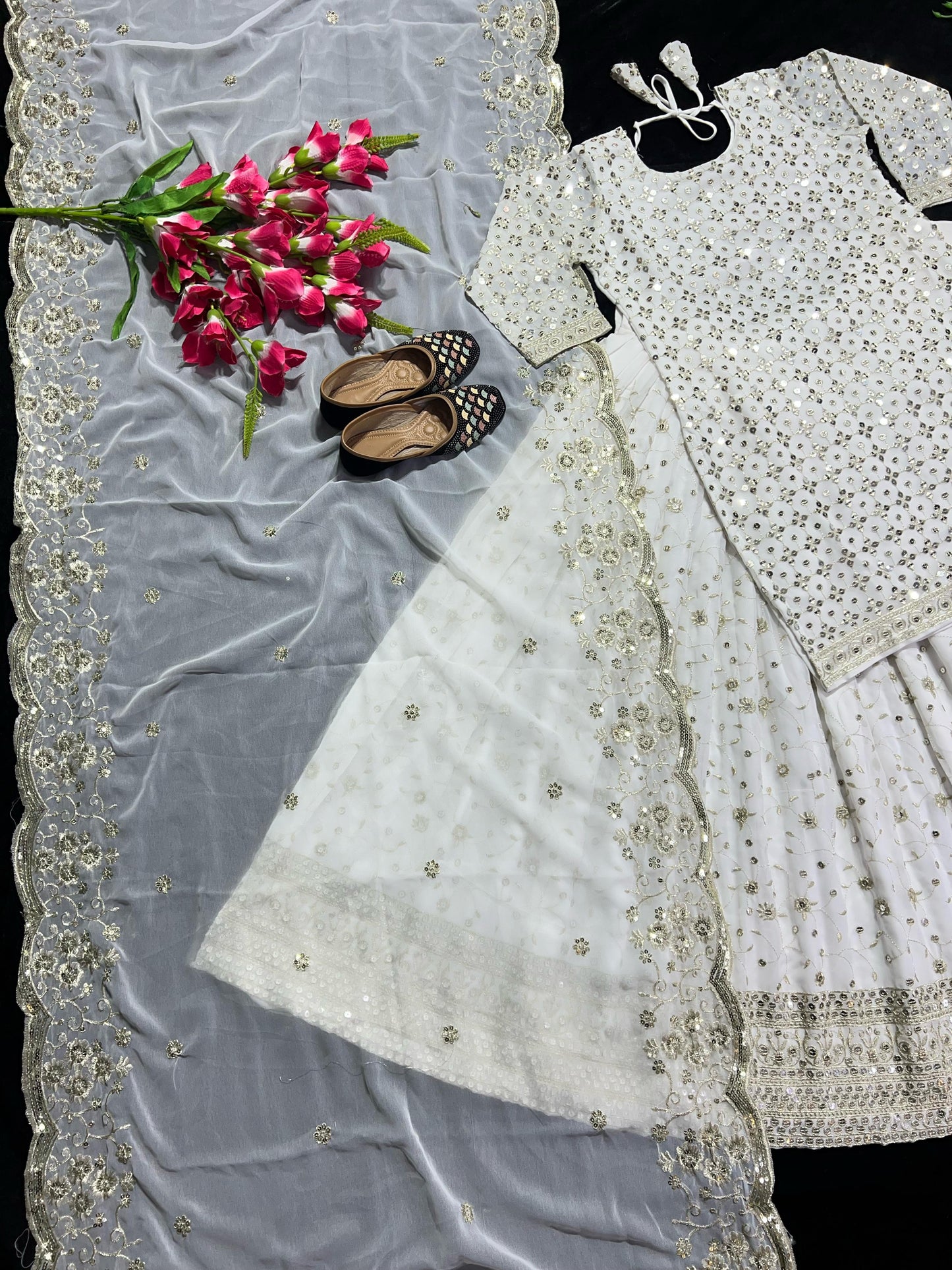 Lehenga, Kurti & Duppatta. White Reem