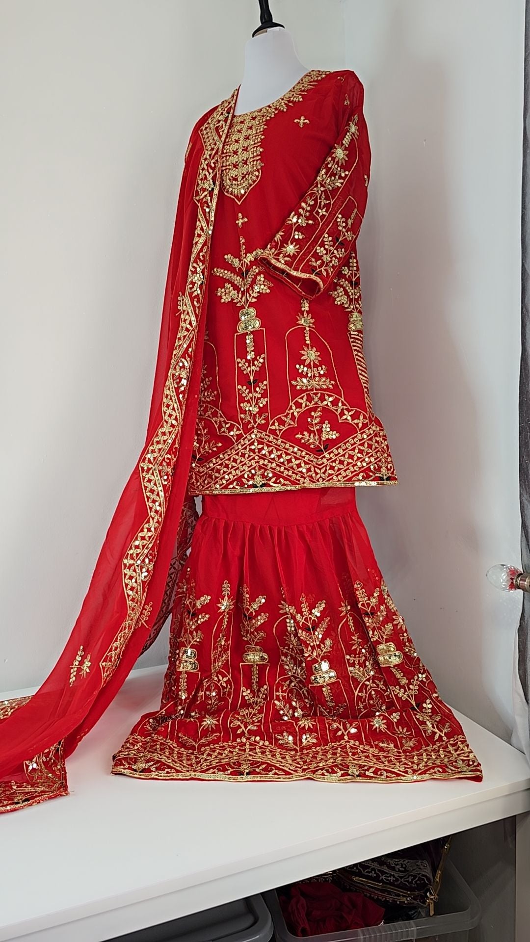 Sharara Palazzo, Kurta & Duppatta. Ruby