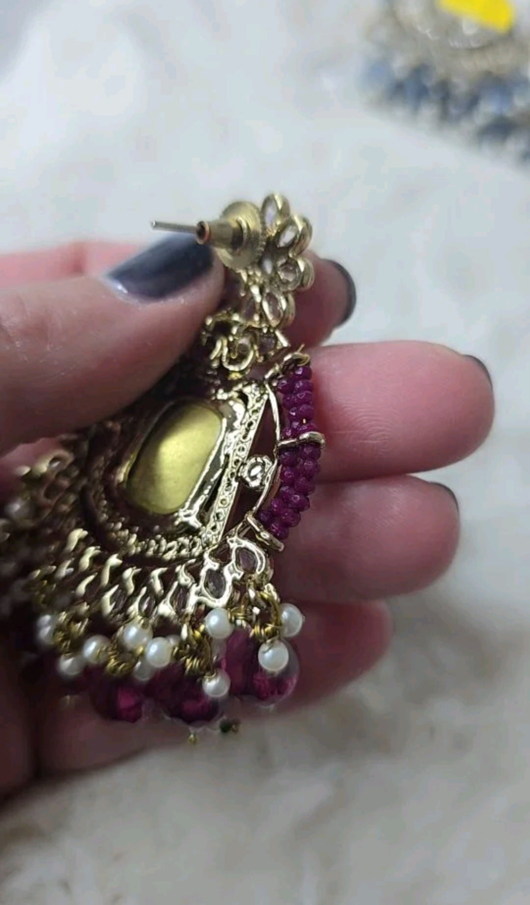 Earrings Mehndi Gold with a combination of reverse AD & front facing AD. Kundan jewellery.