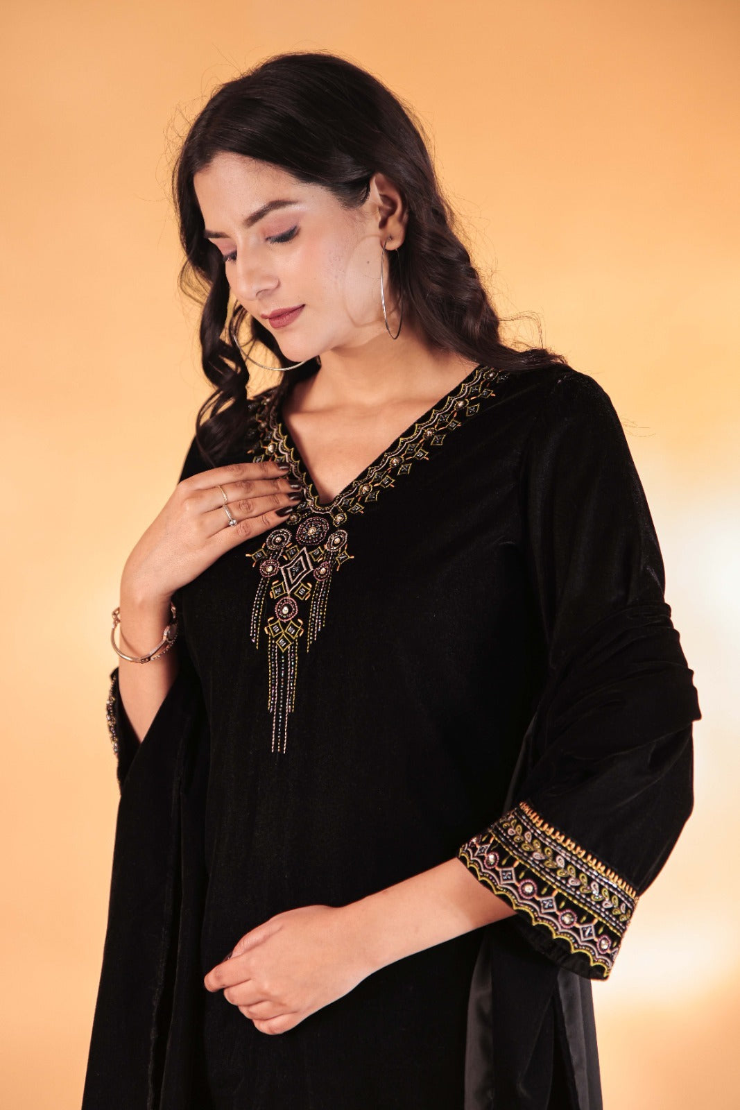 Black Velvet Cord Set & Stole Dupatta Hand work detail