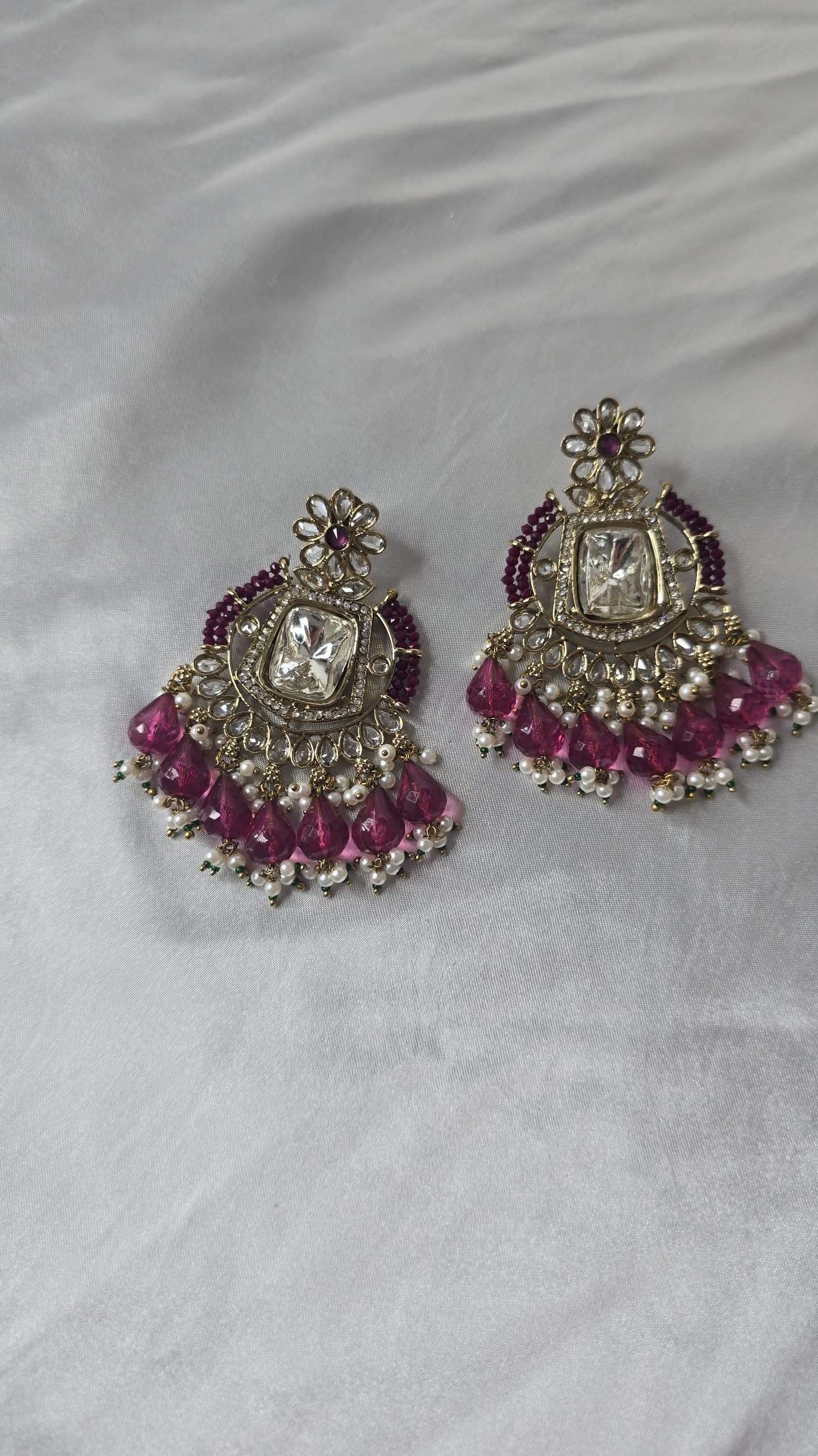 Earrings Mehndi Gold with a combination of reverse AD & front facing AD. Kundan jewellery.