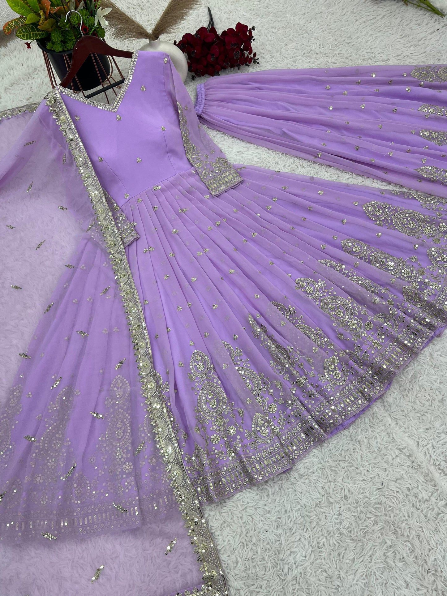 Lilac Anarkail Gown, Palazzo & Duppatta. Maya