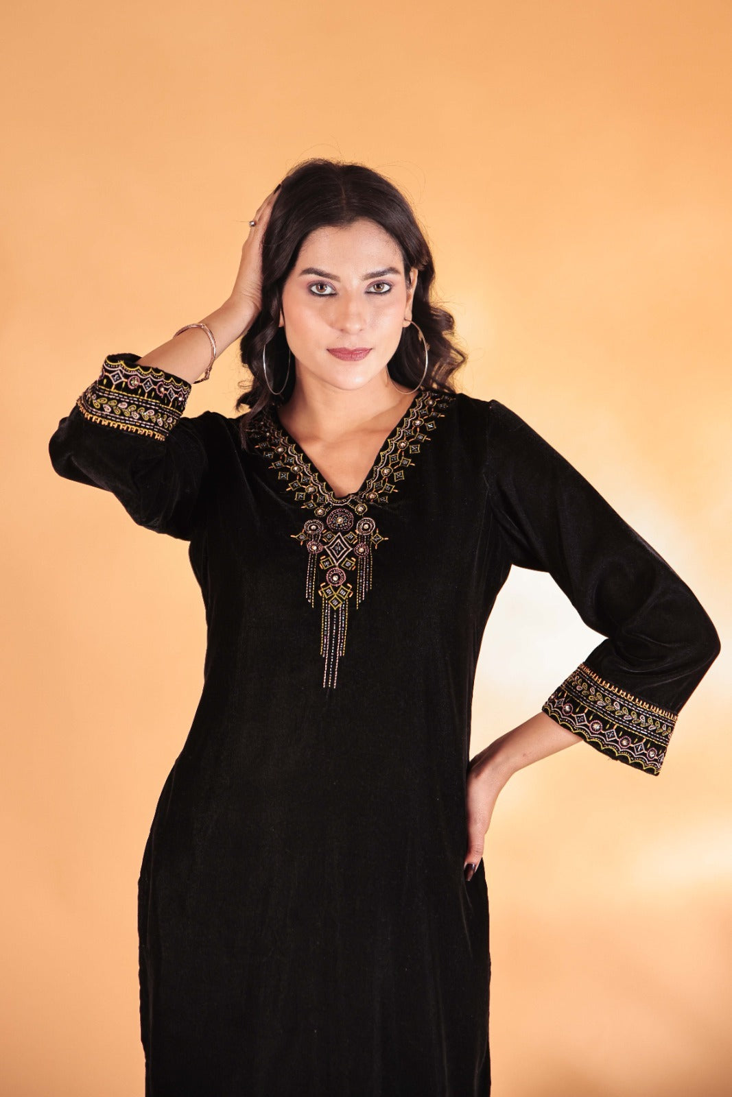 Black Velvet Cord Set & Stole Dupatta Hand work detail