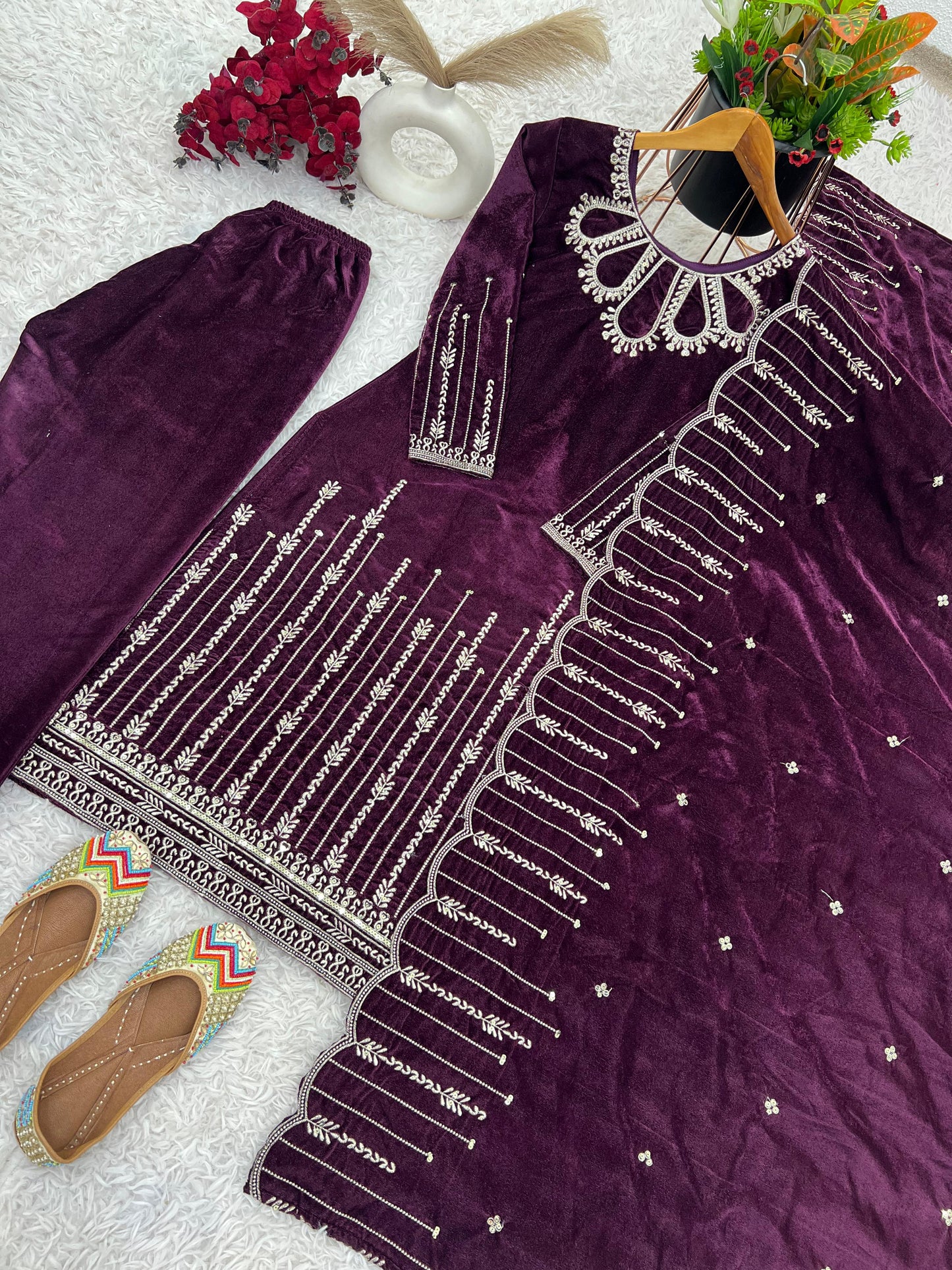 Velvet Kameez Bottoms & Duppatta fully stitched.