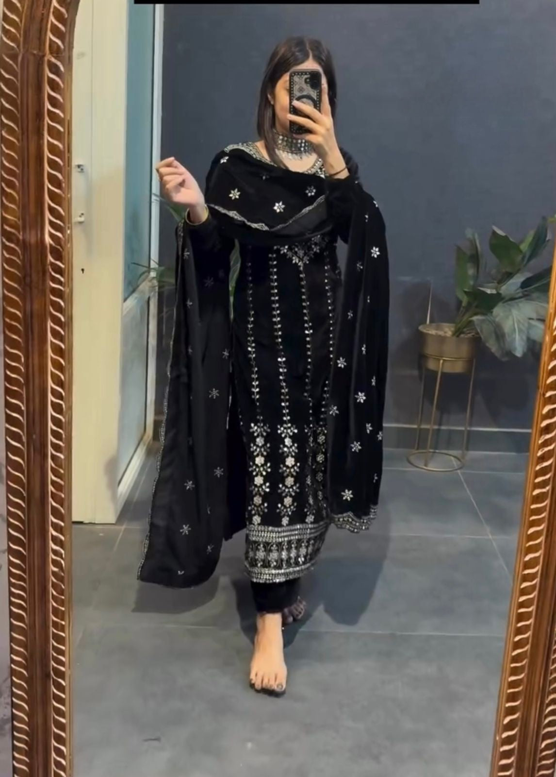 Velvet Kameez Bottoms Duppatta Party Wear Ready Made Suit