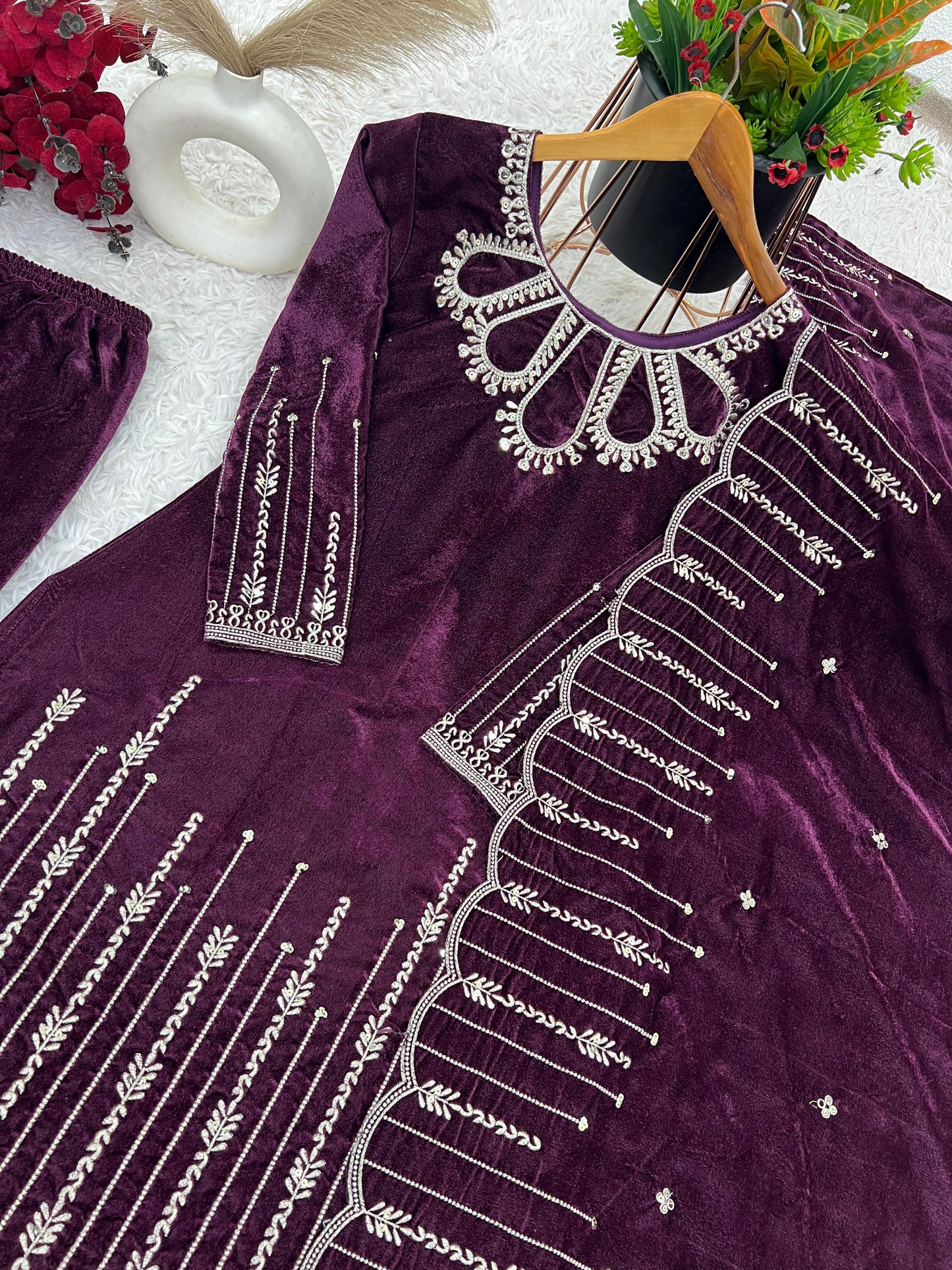 Velvet Kameez Bottoms & Duppatta fully stitched.
