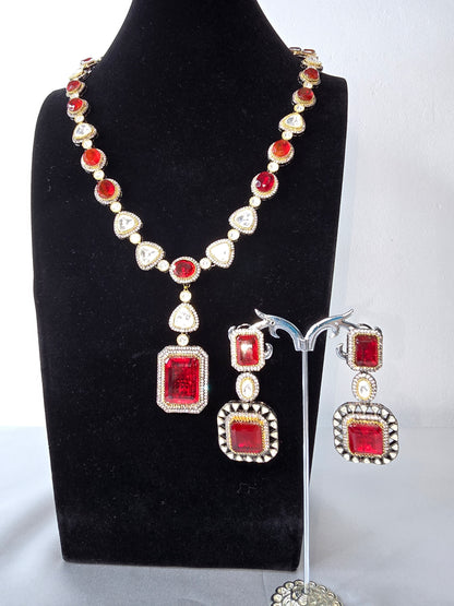 Moissanite Red & Clear Moissanite on Pure brass with a Black Rhodium victorian finish long Mala & Earing set. Hand made only two ever made, collectors piece. Premium kundan jewellery