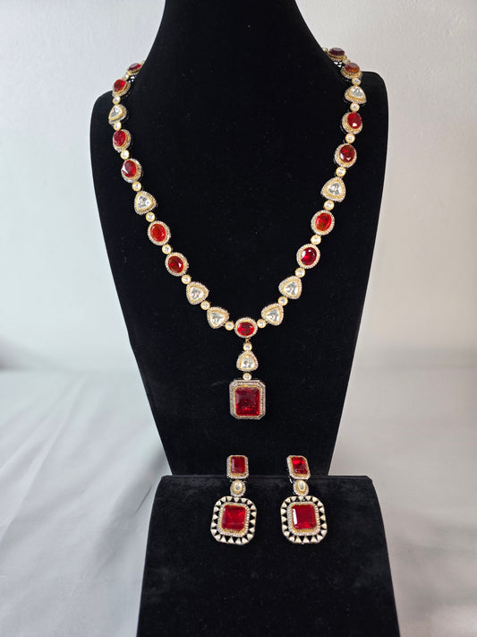 Moissanite Red & Clear Moissanite on Pure brass with a Black Rhodium victorian finish long Mala & Earing set. Hand made only two ever made, collectors piece. Premium kundan jewellery