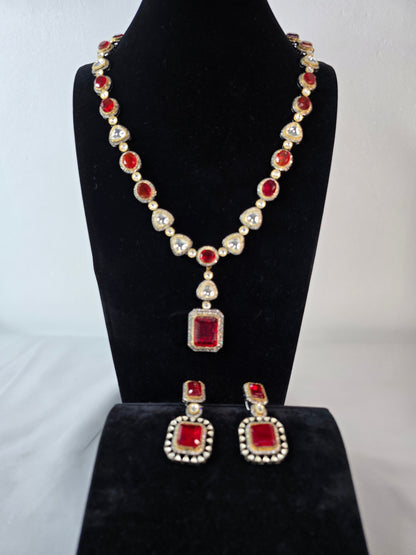 Moissanite Red & Clear Moissanite on Pure brass with a Black Rhodium victorian finish long Mala & Earing set. Hand made only two ever made, collectors piece. Premium kundan jewellery